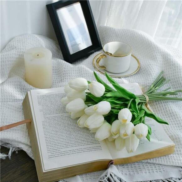20pcs White Artificial Tulip Silk Fake Flowers 13.5" for Spring Easter Day - Picture 3 of 7